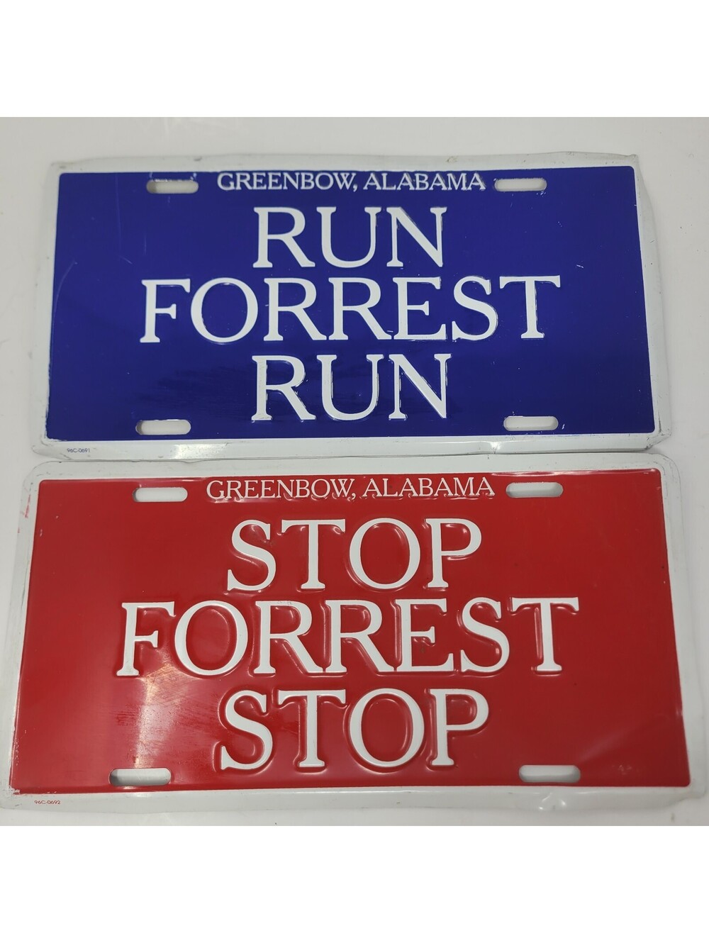 Run Forrest Run Stop Forrest Stop License Plate Set Greenbow AL Bubba Gump 2pc